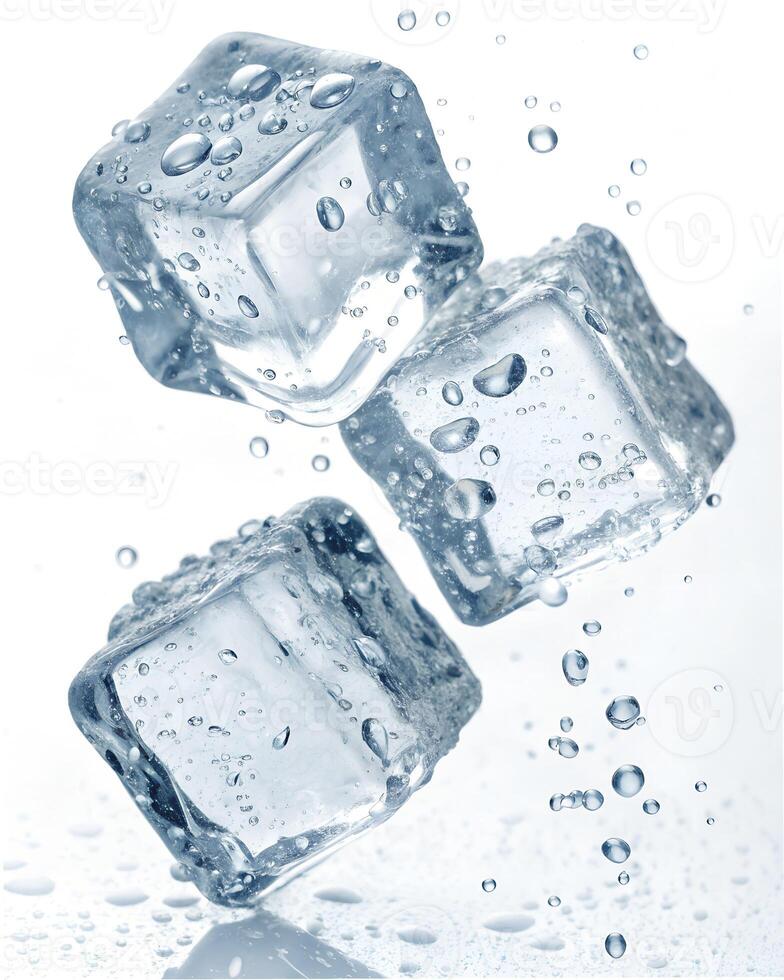Three ice cubes are shown in the air on white background photo