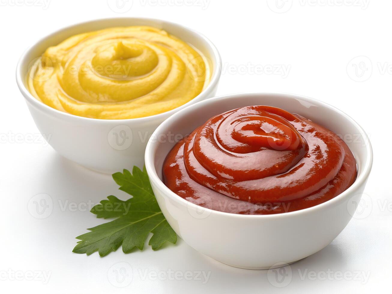 Two bowls of ketchup and mustard on a white photo
