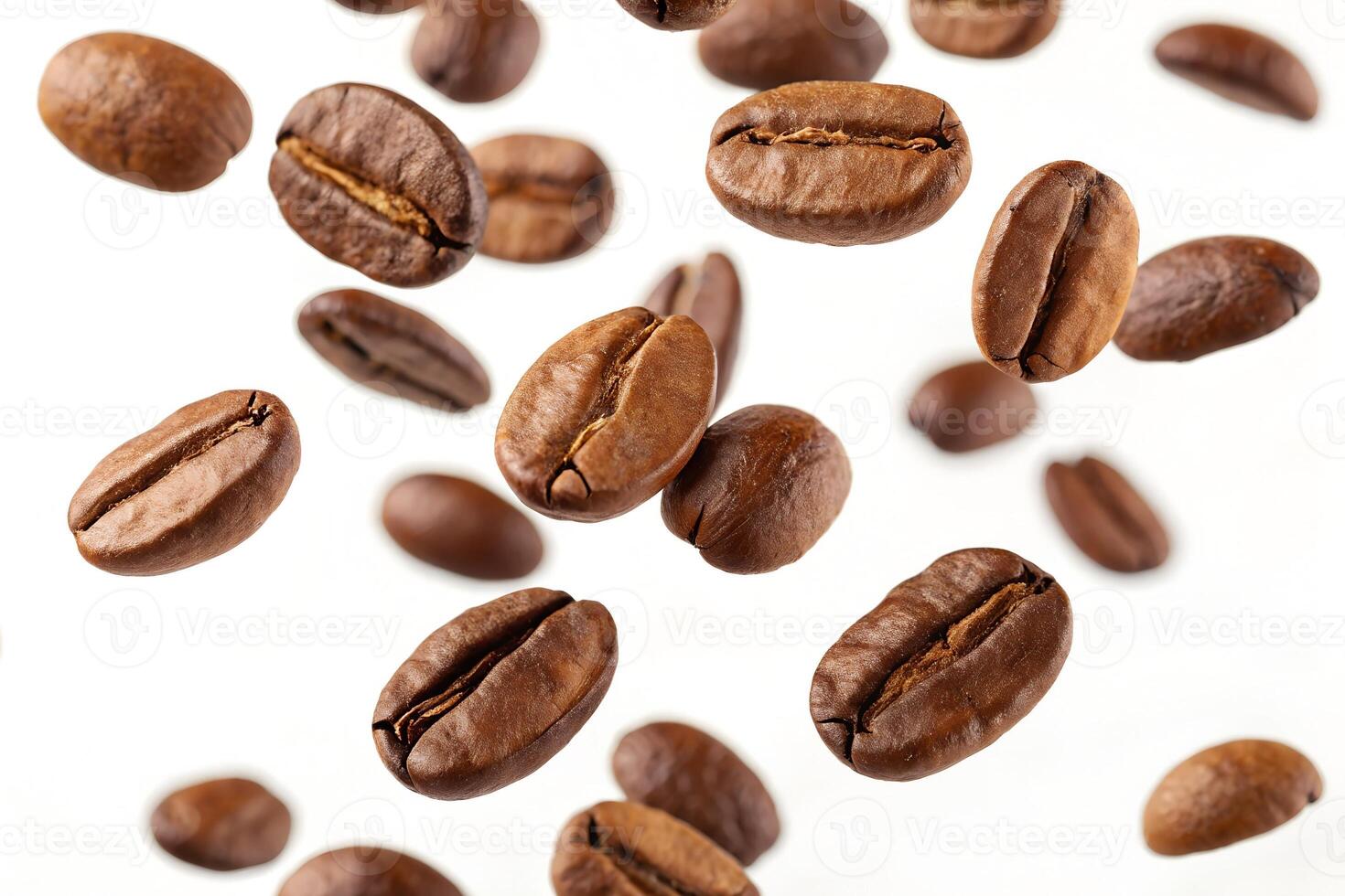 Coffee beans falling in the air on a white background photo