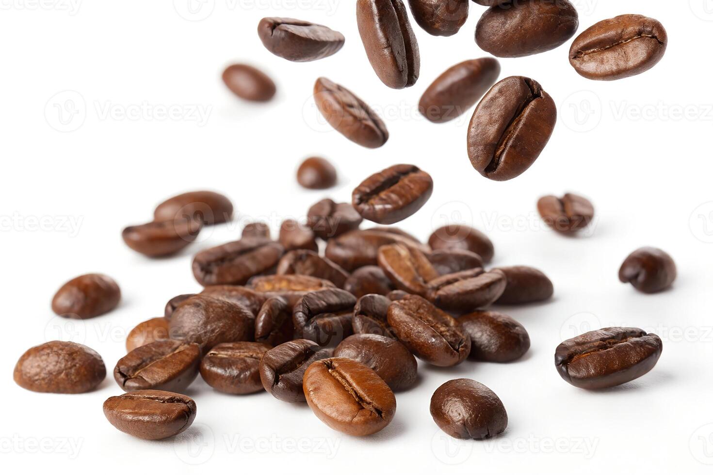 Coffee beans falling on a white background. photo