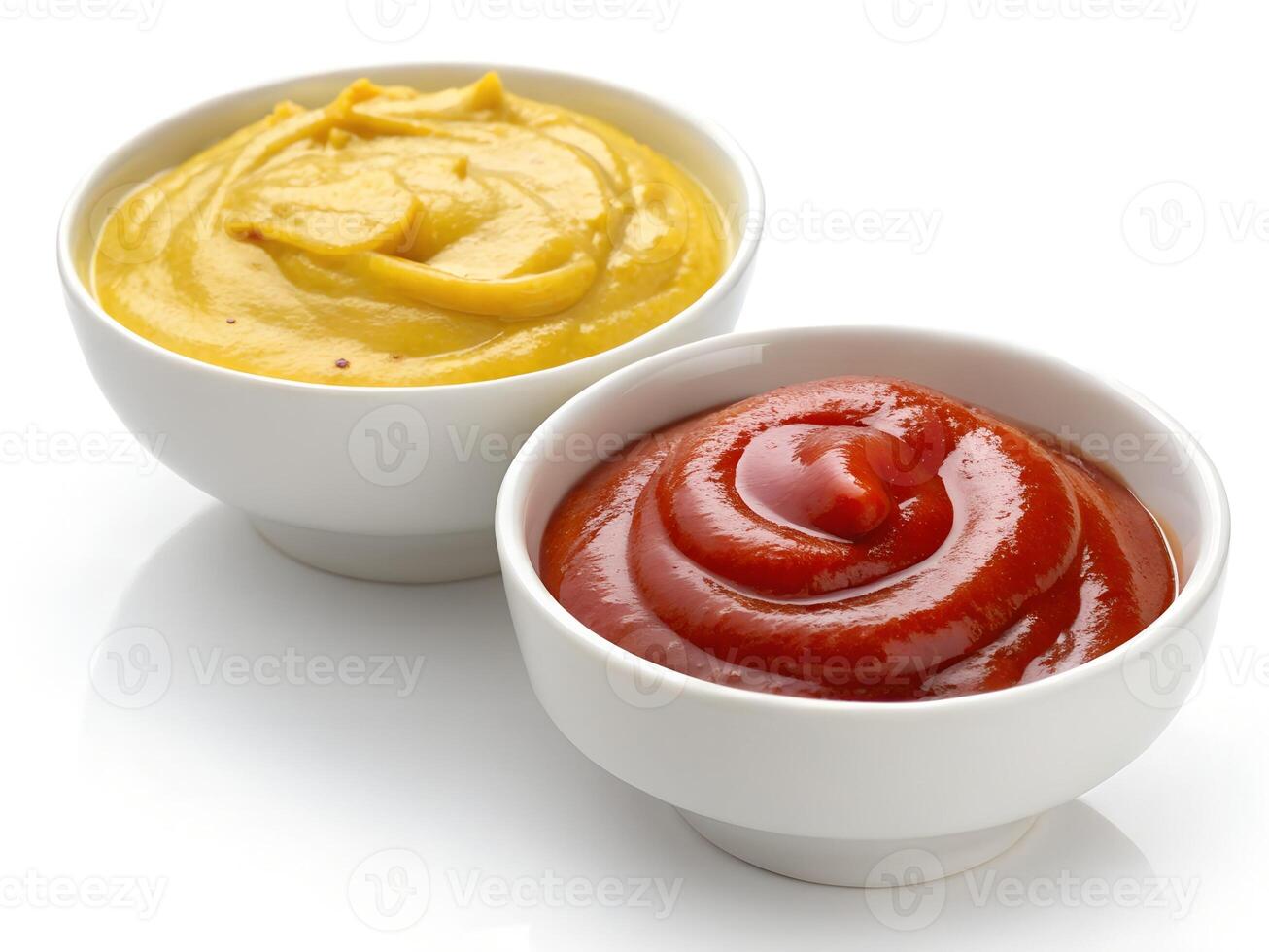 Two bowls of ketchup and mustard on a white surface photo
