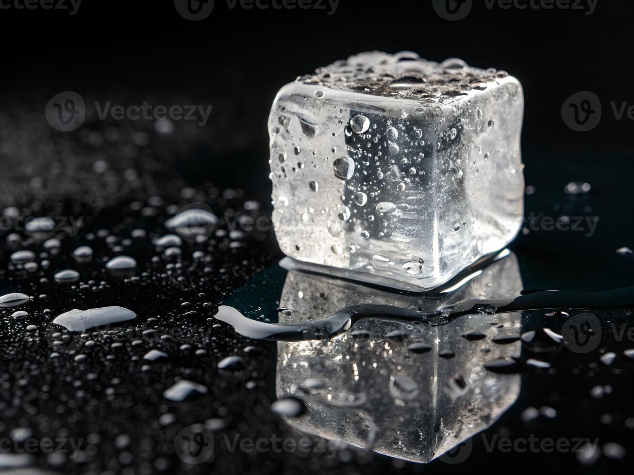 Melting ice cube on reflective surface isolated photo