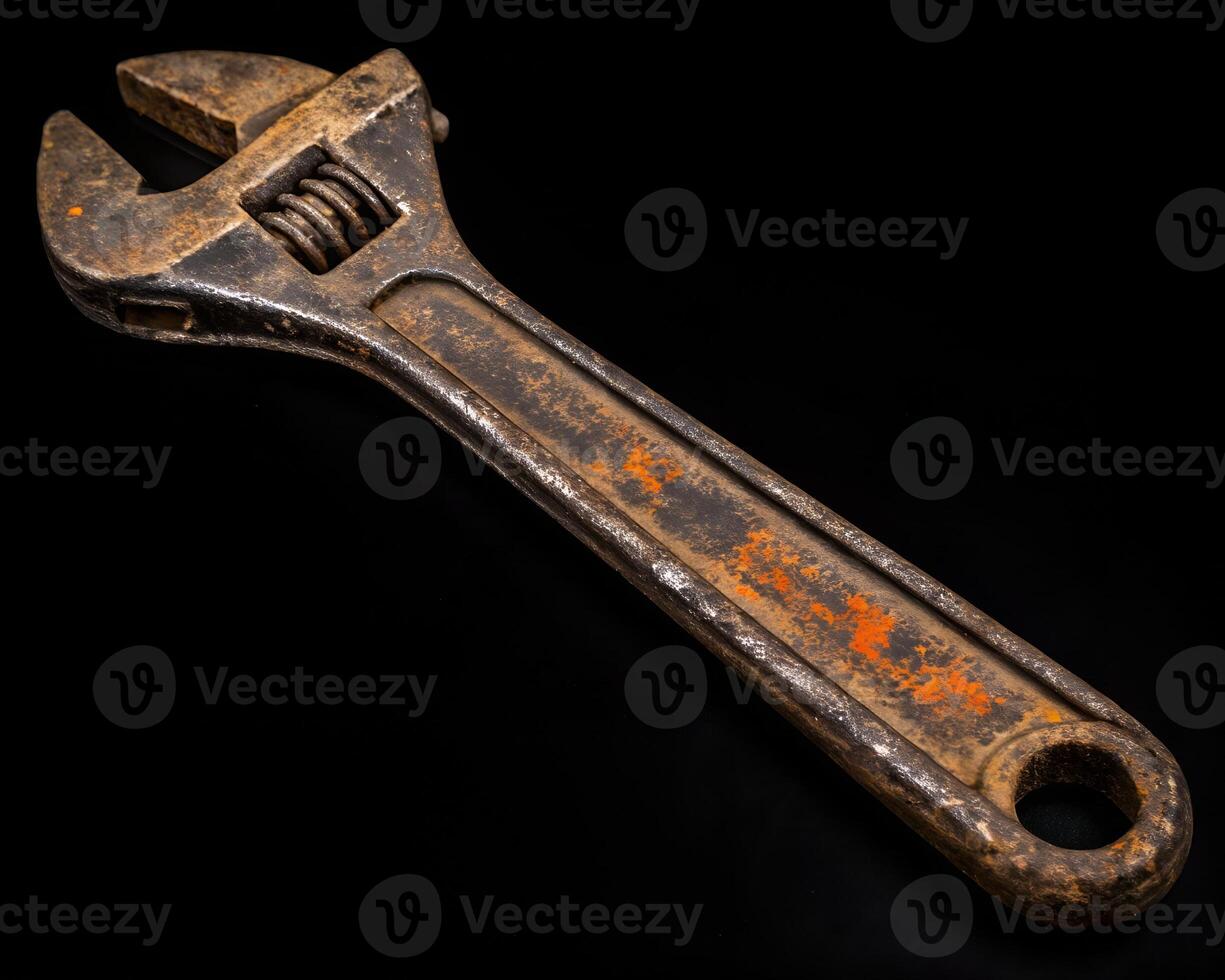 old rusty wrench with patina texture on black background. photo