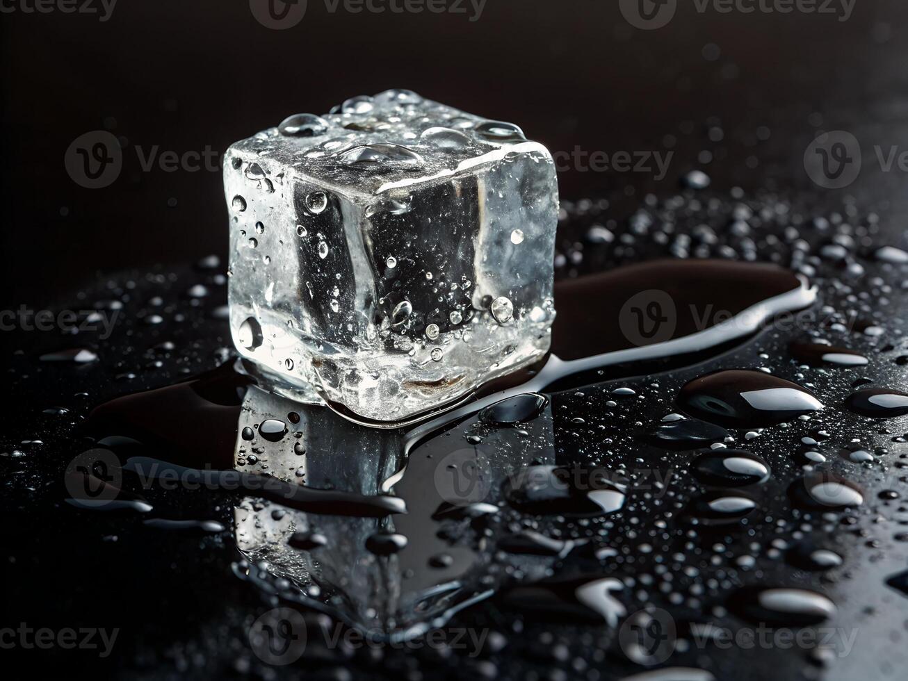 Melting ice cube on reflective surface. photo
