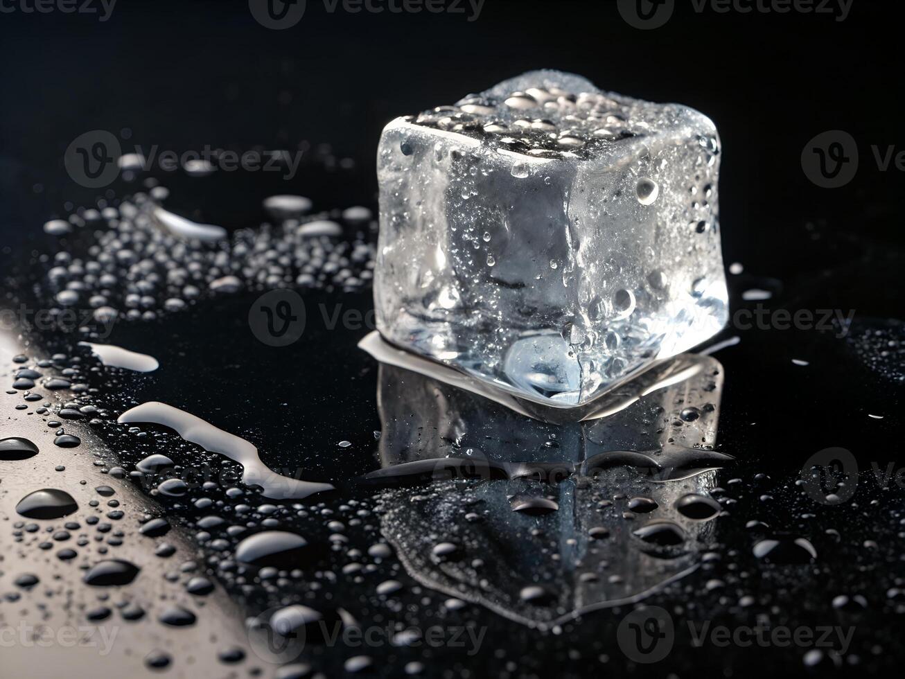 Melting ice cube on reflective surface on black background photo