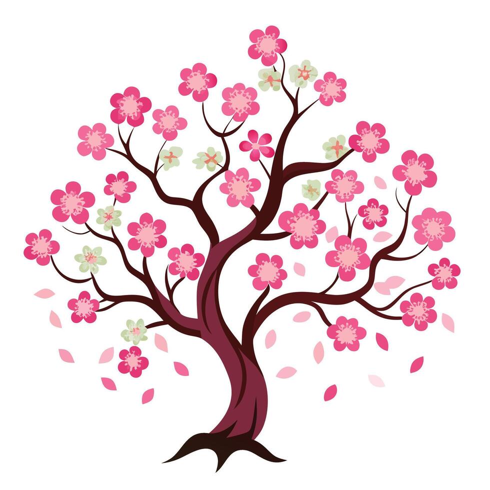 Stylized Cherry Blossom Tree Illustration With Falling Petals On White Background vector