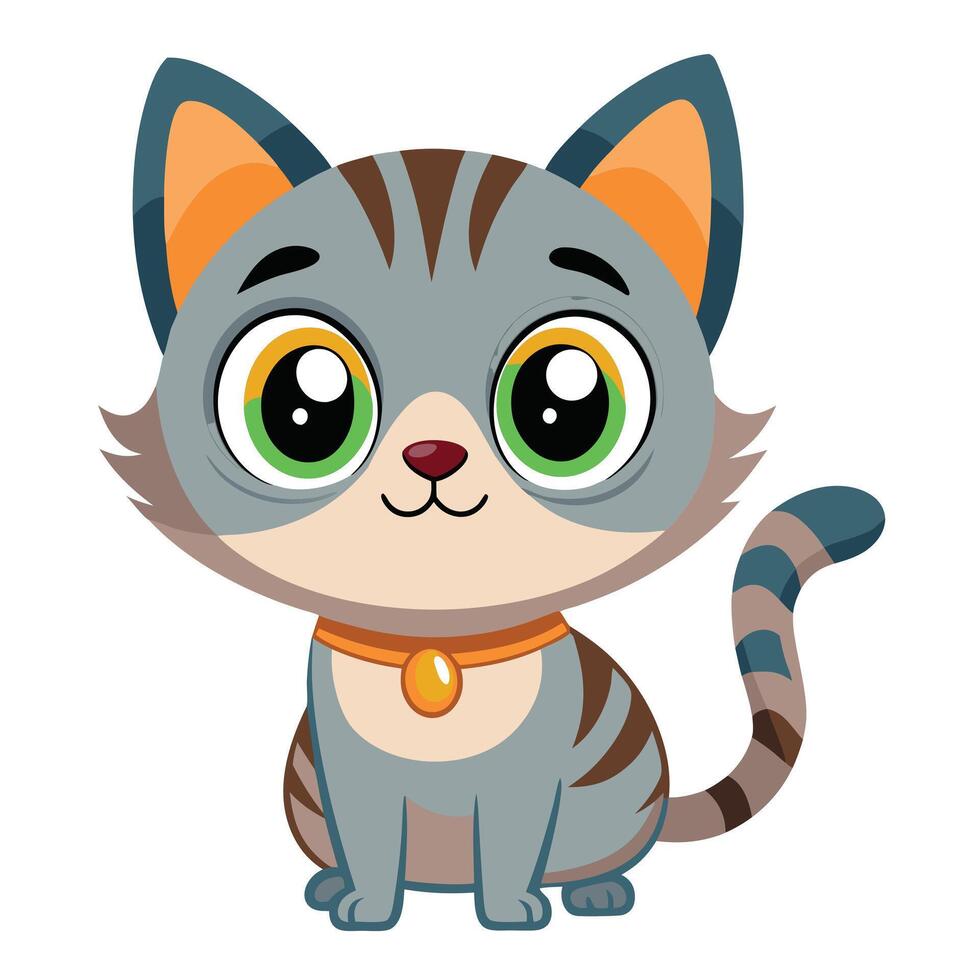 Cartoon Gray Tabby Cat Character With Big Eyes Isolated On White vector