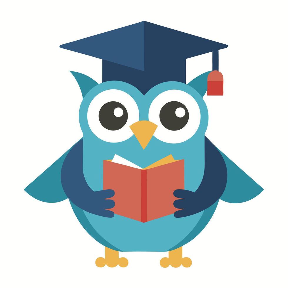 Cartoon Owl Reading A Book Wearing A Graduation Cap Illustration vector
