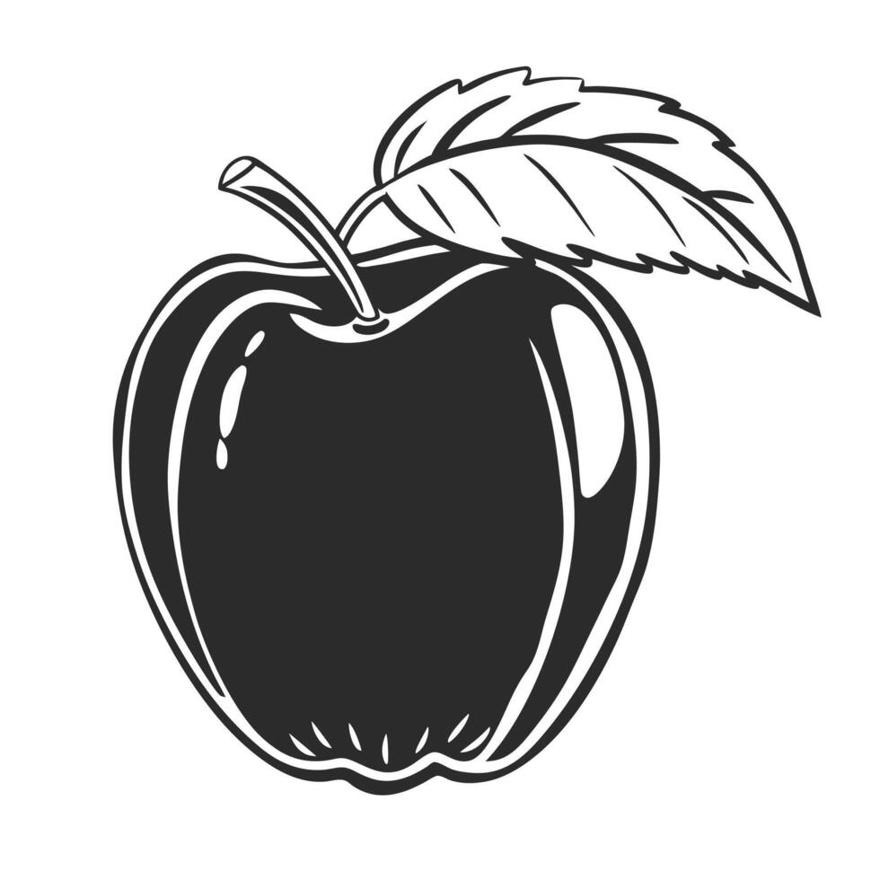 Black And White Apple Illustration With Leafy Stem Fruit Image vector