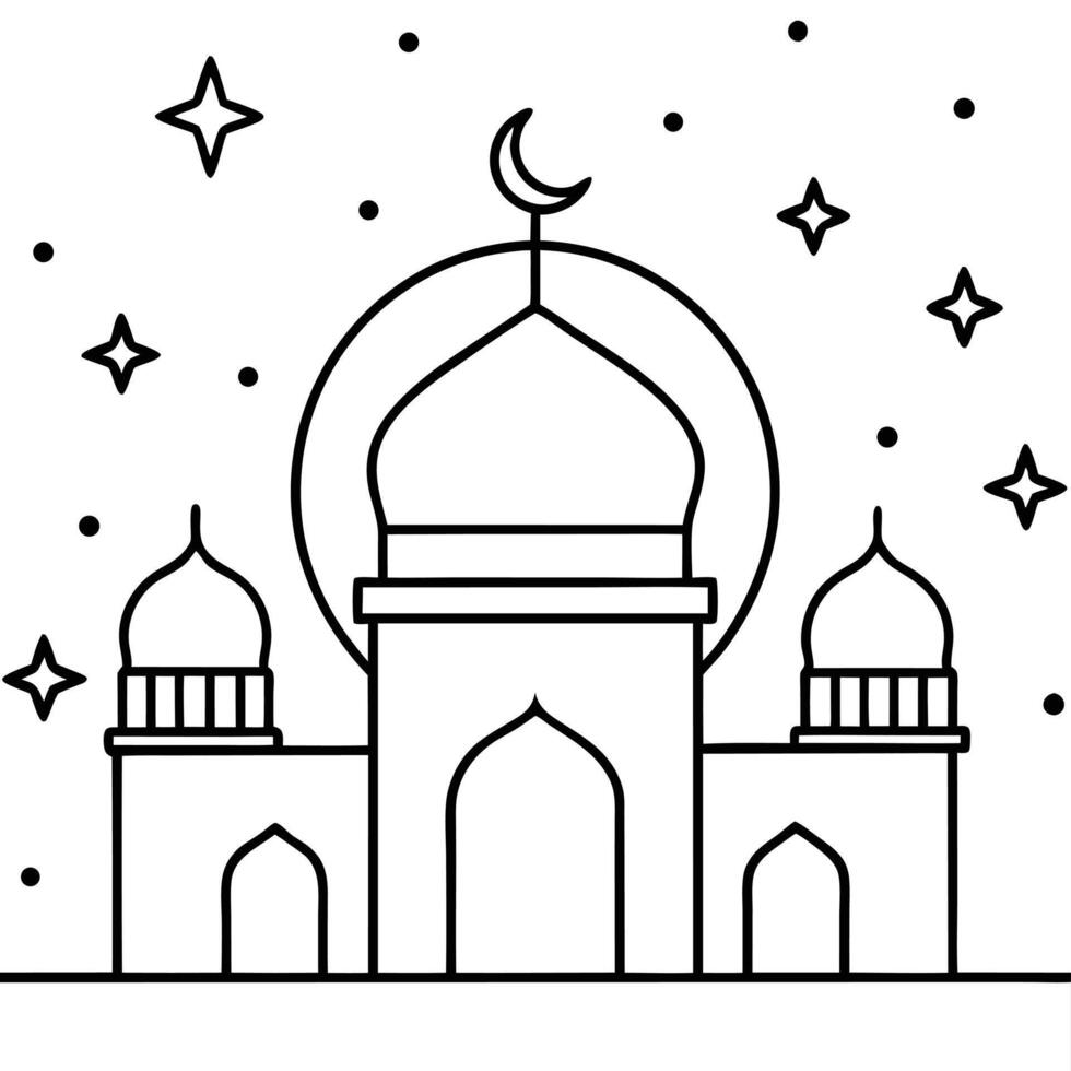 Simple Mosque With Crescent Moon And Stars Line Art Illustration vector
