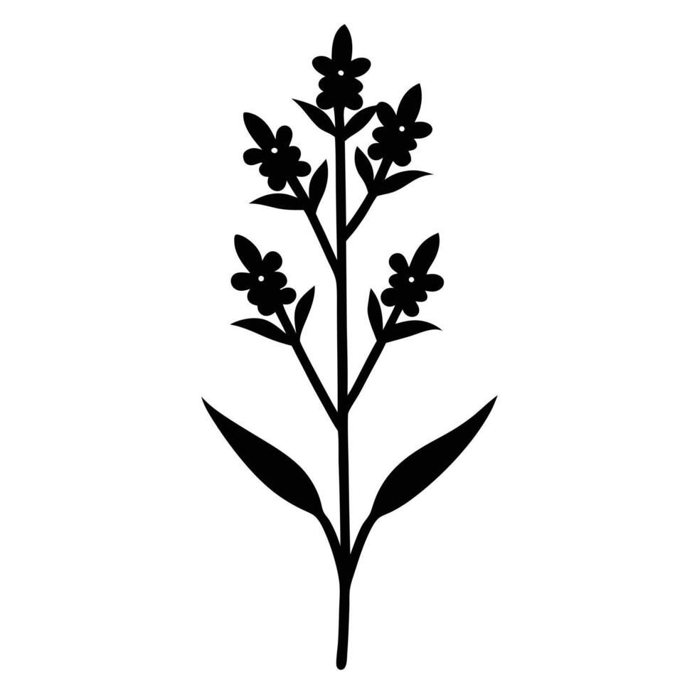 Silhouette Illustration Of A Flower Stem With Leaves And Blooms Isolated vector