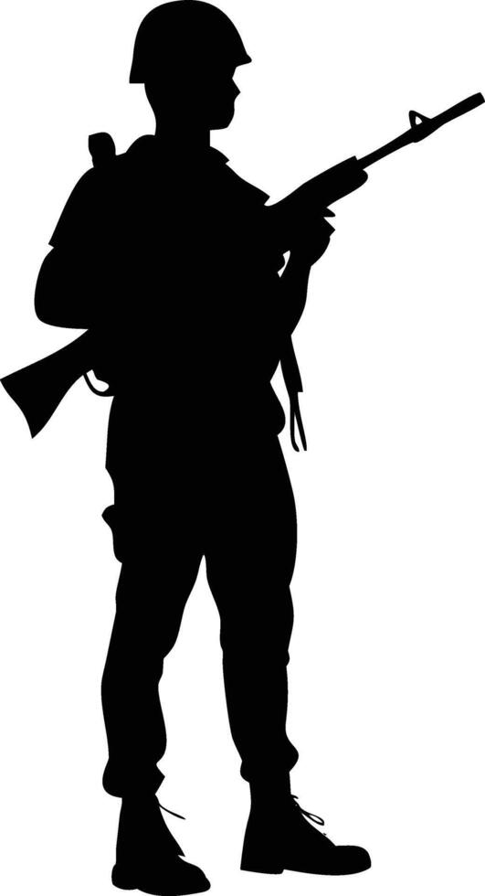 Soldier Silhouette With Rifle In Stance Of Duty On Sand Dunes vector