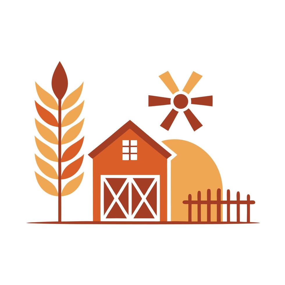 Minimalist Farm Scene Illustration With Barn And Wheat vector