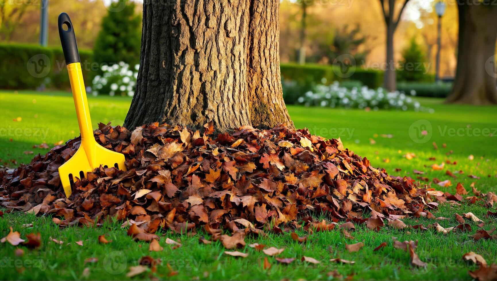 Autumn Leaves Piled by Tree with Rake photo