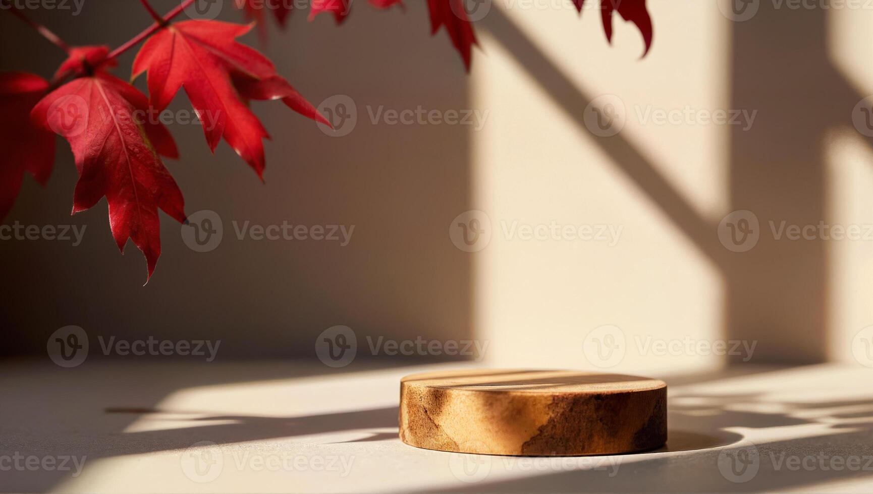 Red Maple Leaves and Wooden Platform in Sunlight photo