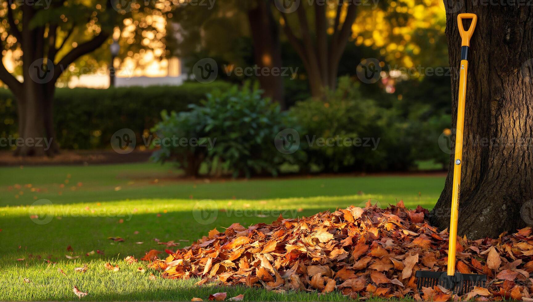 Autumn Leaves Piled with Rake in Park photo