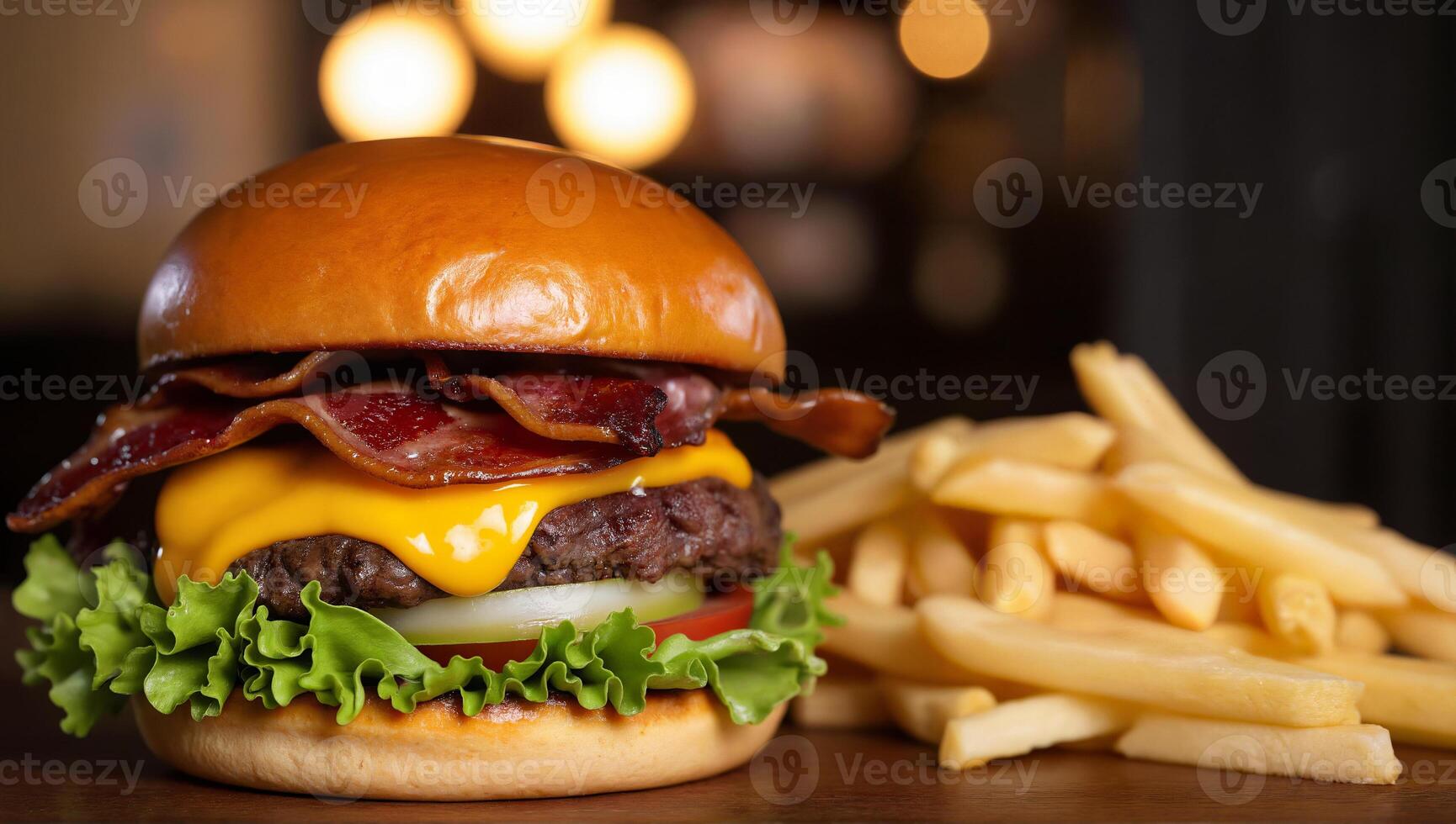 Juicy Cheeseburger with Crispy Bacon and Fries photo