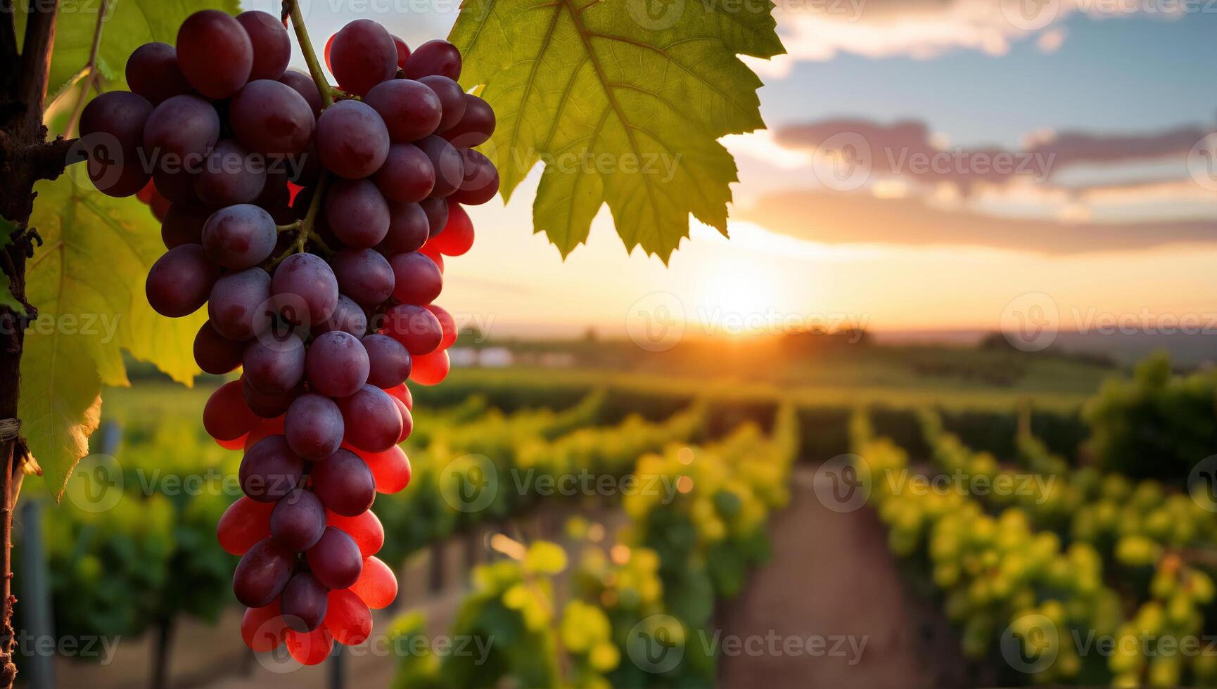 Fresh Grapes Hanging from Vine with Lush Vineyard and Sunset Sky in Background photo