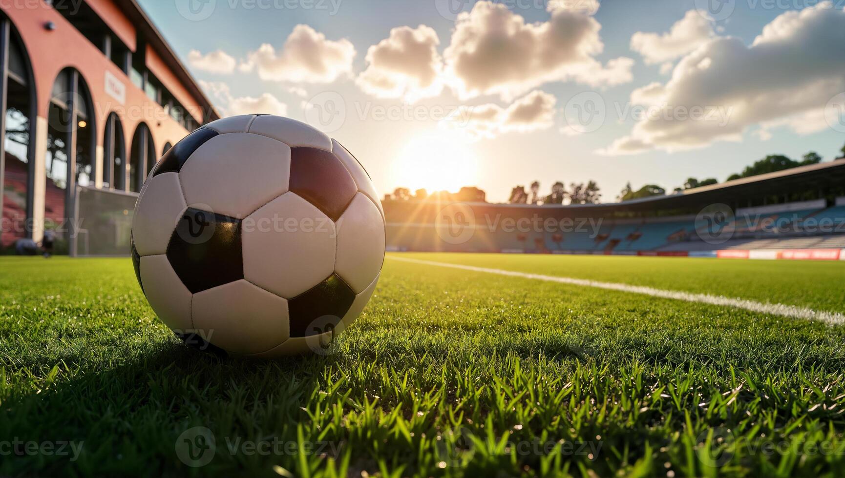 A close view of a soccer ball on a well-manicured field with a stadium in the background during sunset with clouds in the sky photo