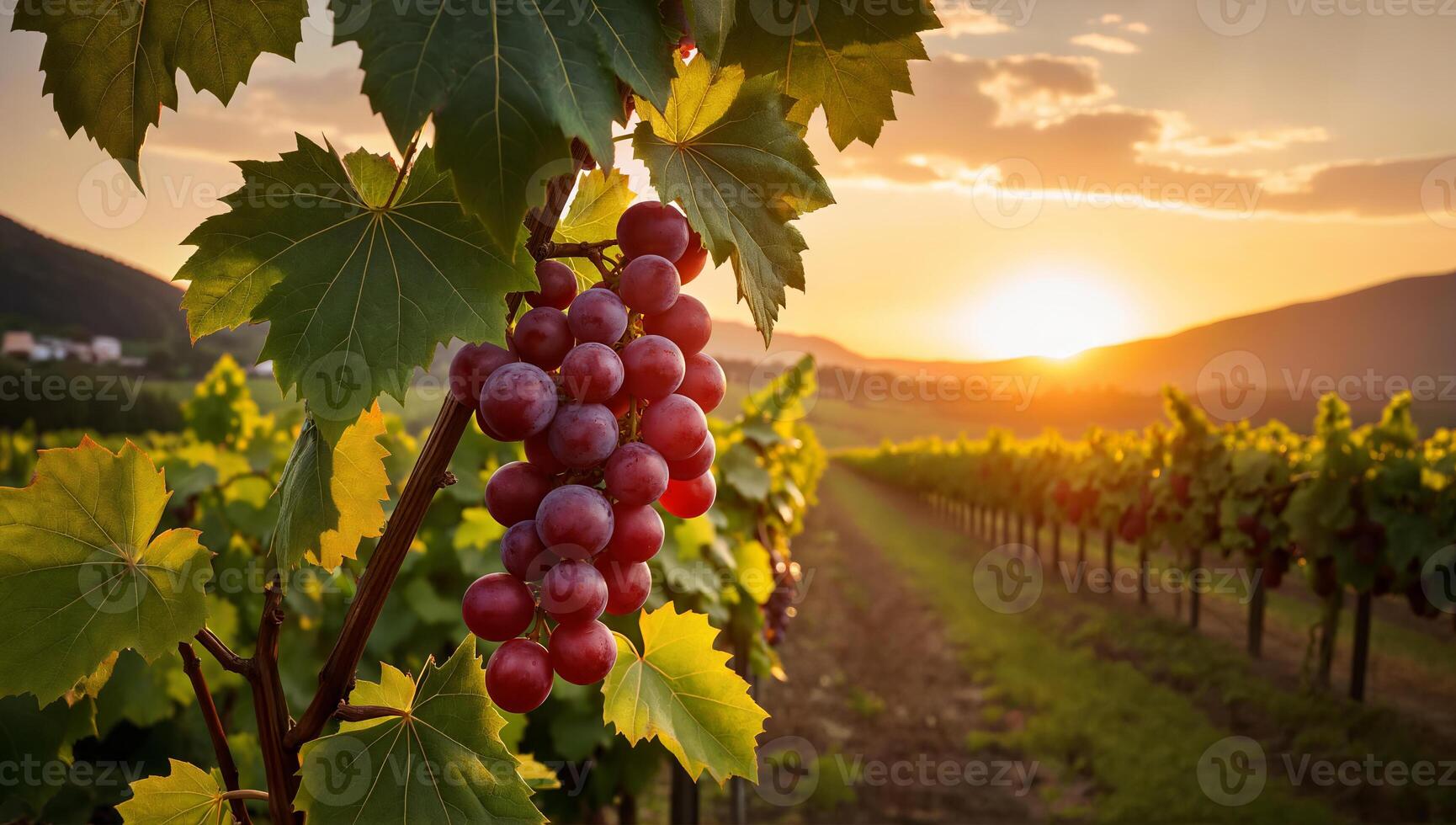 Grapes in Vineyard at Sunset with Lush Green Leaves and Mountains in Background photo