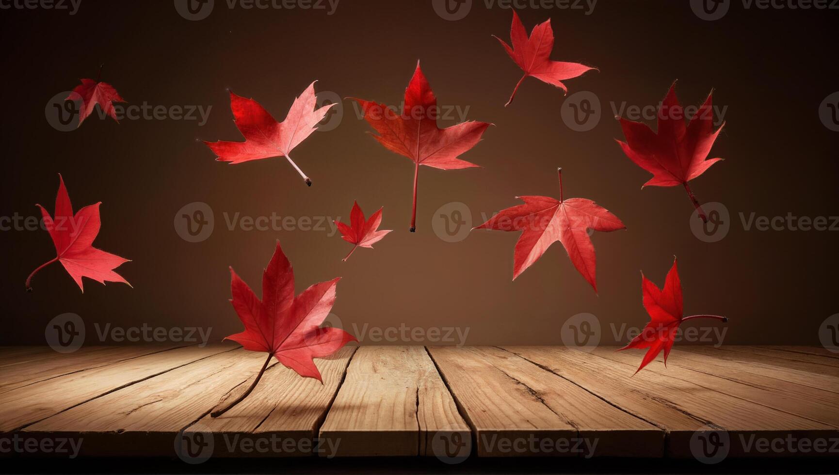 Floating Red Maple Leaves on Wooden Surface photo