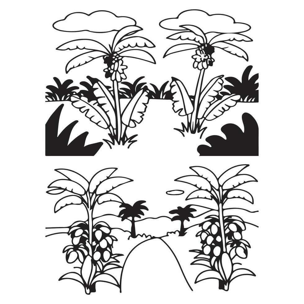 A Row of Lush Banana Trees with Green Bananas Growing in a Plantation vector