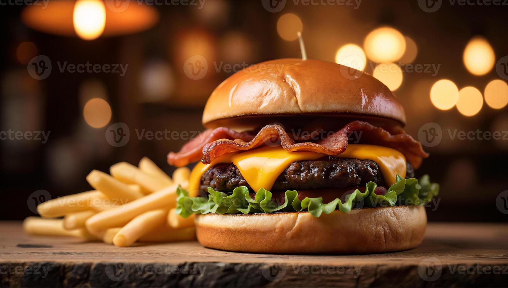Delicious Cheeseburger with Bacon and Fries photo