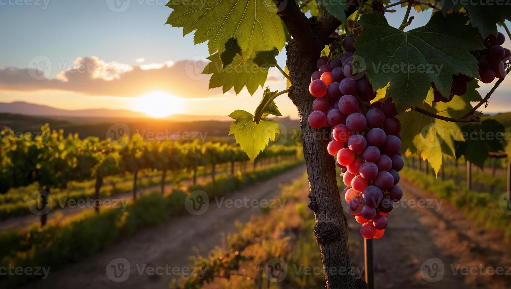 Grapes Hanging from a Vine at Sunset Over Vineyard with Rolling Hills in the Background photo