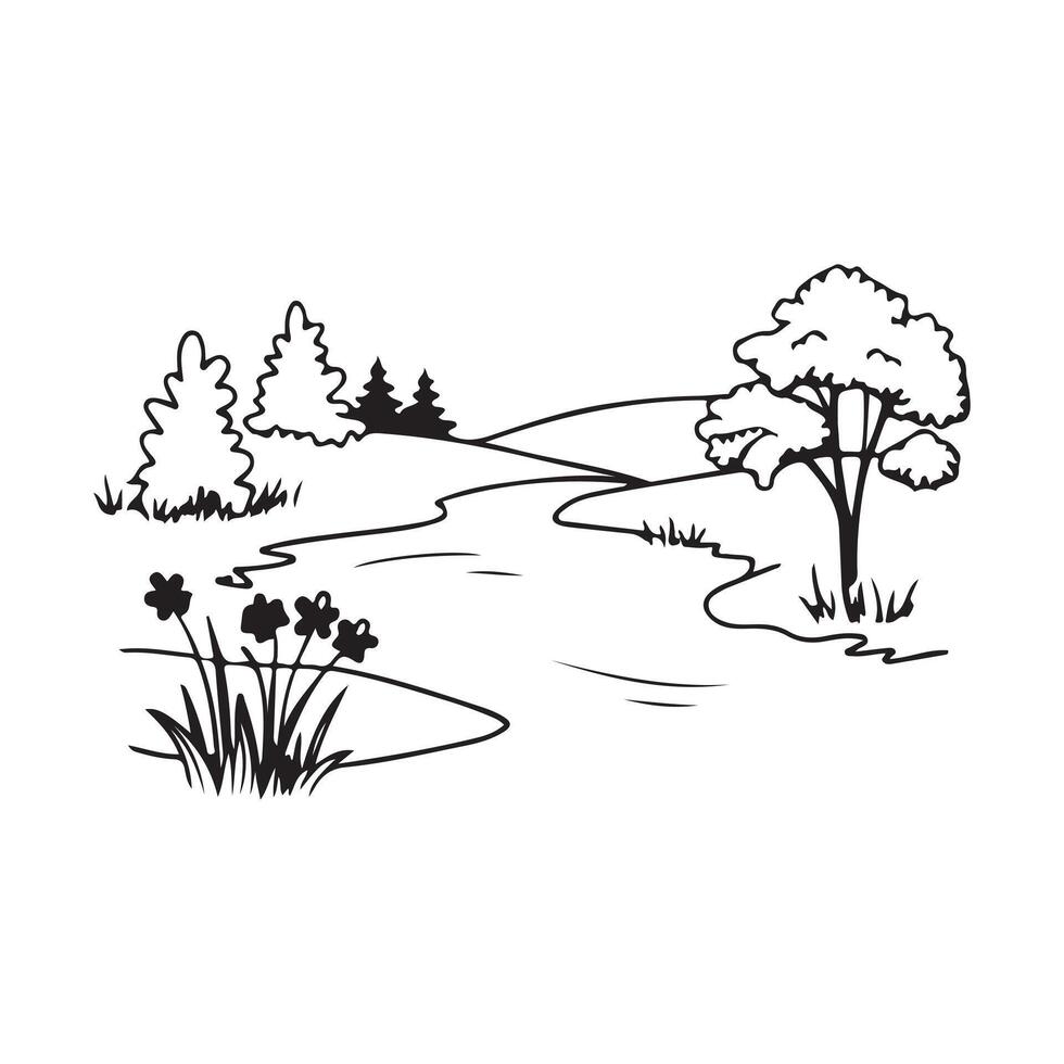 illustration of a tree in the forest and river vector