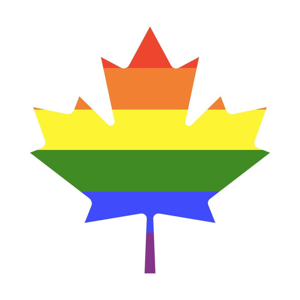 Rainbow flag. Canada maple leaf. Gay pride backdrop. Progress Logo trendy symbol. LGBT icon. Sticker in rainbow colors. maple lgbt leaf button, badge, background, mockup. Minimalist template design. vector