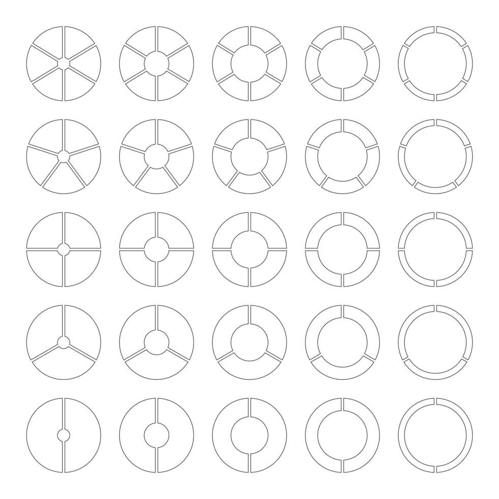 Circle division on 2, 3, 4, 5, 6 equal parts. Coaching blanks. Wheel round divided diagrams with segments. Pie, pizza chart icons. Infographics minimal set. Section graph black line art. Donut chart. vector