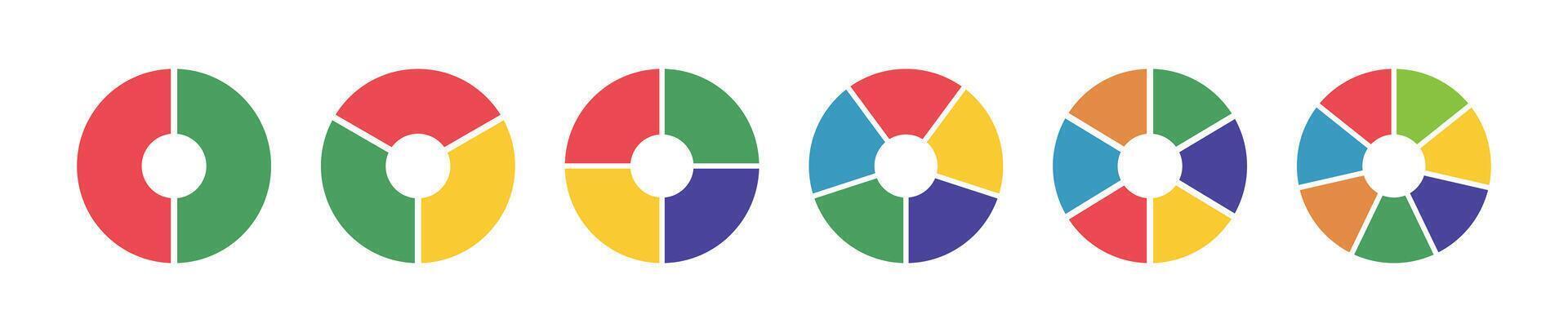 Donut charts, pies segmented on from 2 to 7 equal parts. Diagrams infographic multicoloured set. Circle section graphs. Wheels divided in sections. Pizza chart round icons layout. Loading bar mockups. vector