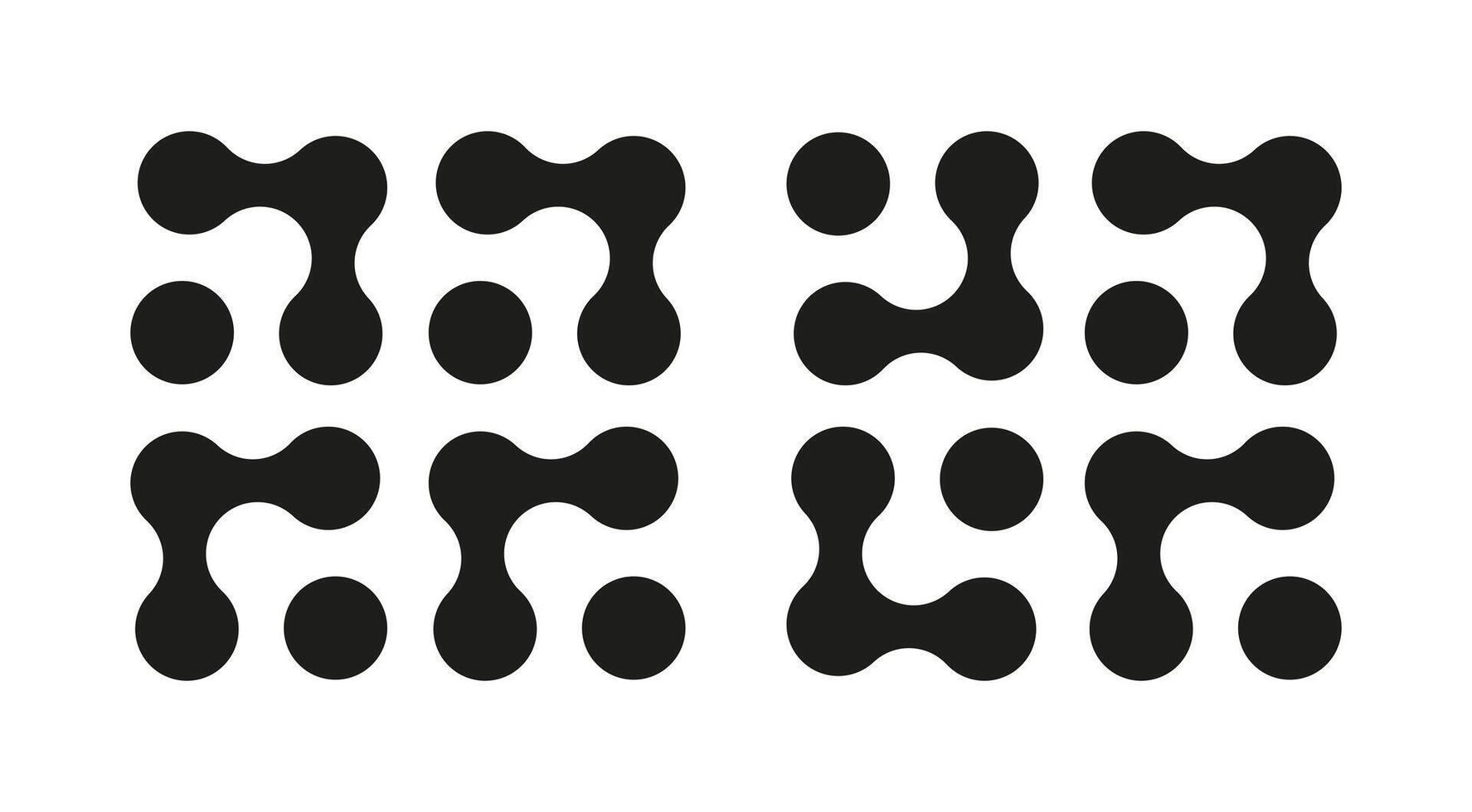 Metaball dot icons set. Connected circle shape signs. Abstract integration symbols. Minimal patterns. Points movement. Morphing blobs. Metaballs transition. Logo, sticker templates. Web design element vector