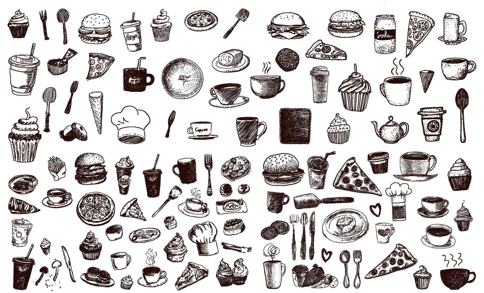 Hand drawn sketch of diverse food and beverage items arranged on a white background vector