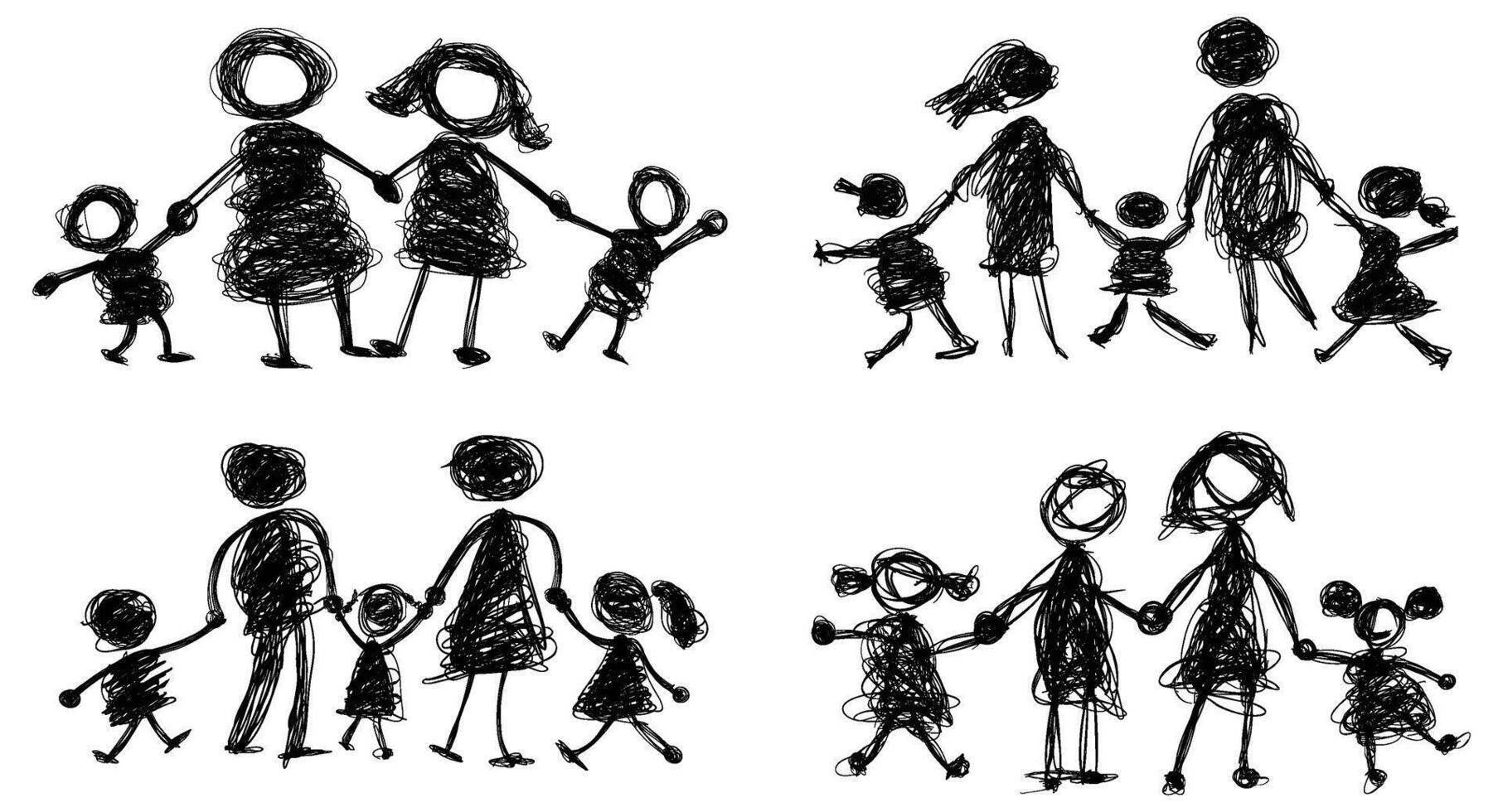 Doodle representations of families, conveying togetherness and the familial bond through sketched figures vector