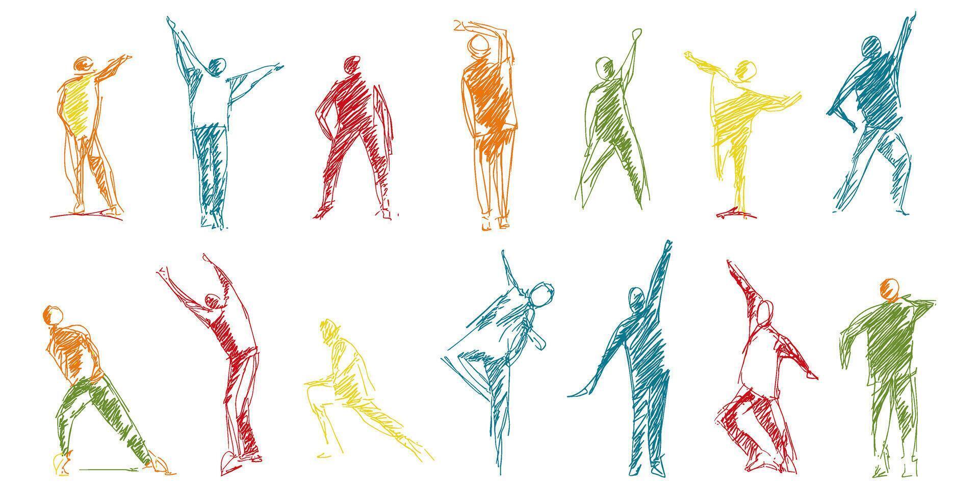 Dynamic stick figures displaying diverse poses and dance movements sketched with vibrant hues vector