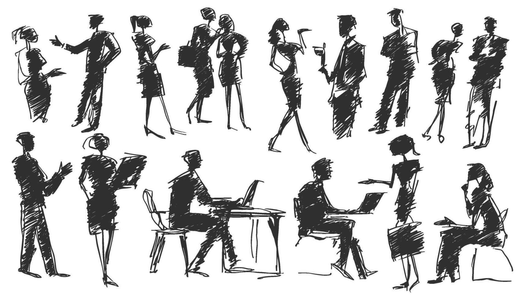 Stylized sketch of business people in various office scenarios and interactions. in scribble pencil style. vector