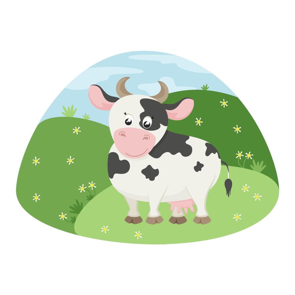 Cute cow with landscape. illustration of farm animal in flat style. vector