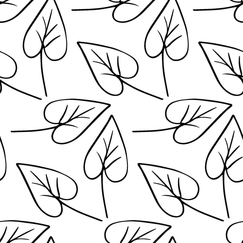 Seamless black and white hand-drawn leaf pattern featuring leaf shapes in a minimalist doodle style, perfect for coloring pages, fabric prints, eco-designs, stationery, and backgrounds vector