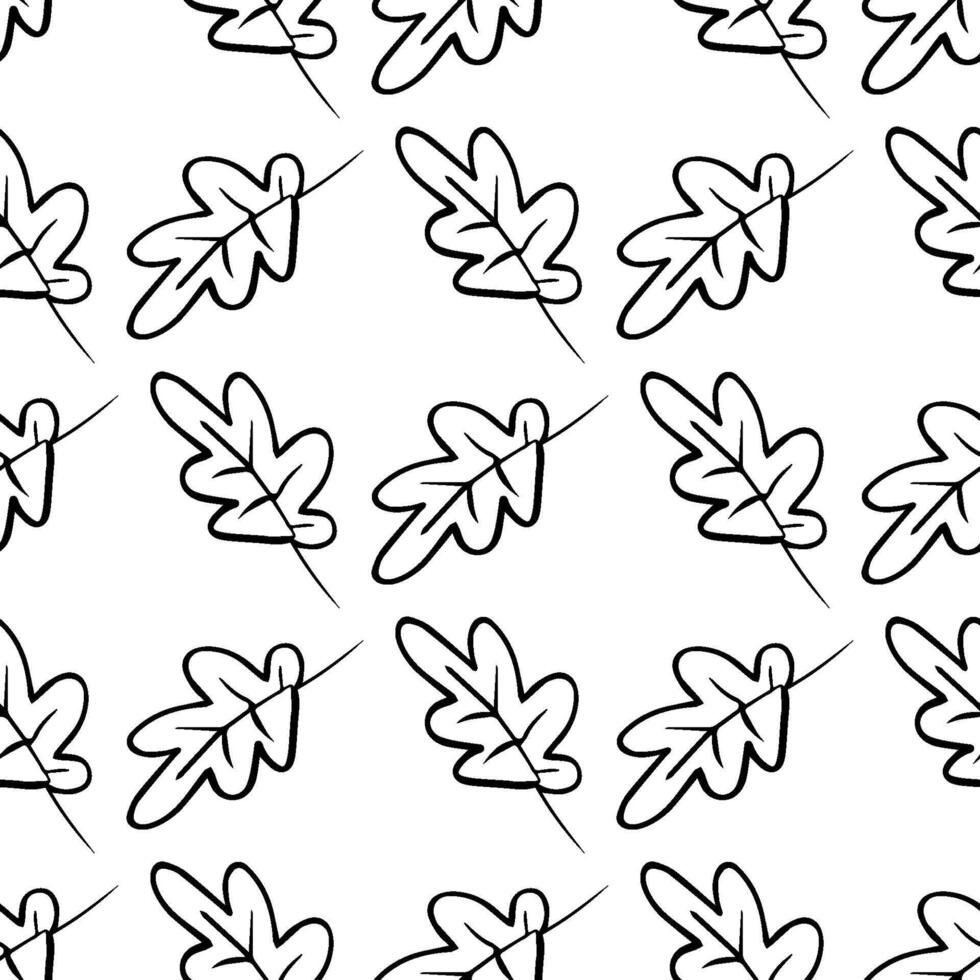 Seamless black and white hand-drawn leaf pattern featuring oak leaf shapes in a minimalist doodle style, perfect for coloring pages, fabric prints, eco designs, stationery, and backgrounds vector