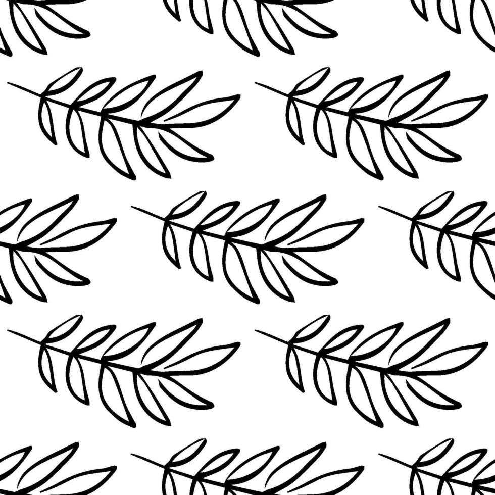 Seamless black and white hand-drawn leaf pattern featuring leaf shapes in a minimalist doodle style, perfect for coloring pages, fabric prints, eco designs, stationery, backgrounds vector