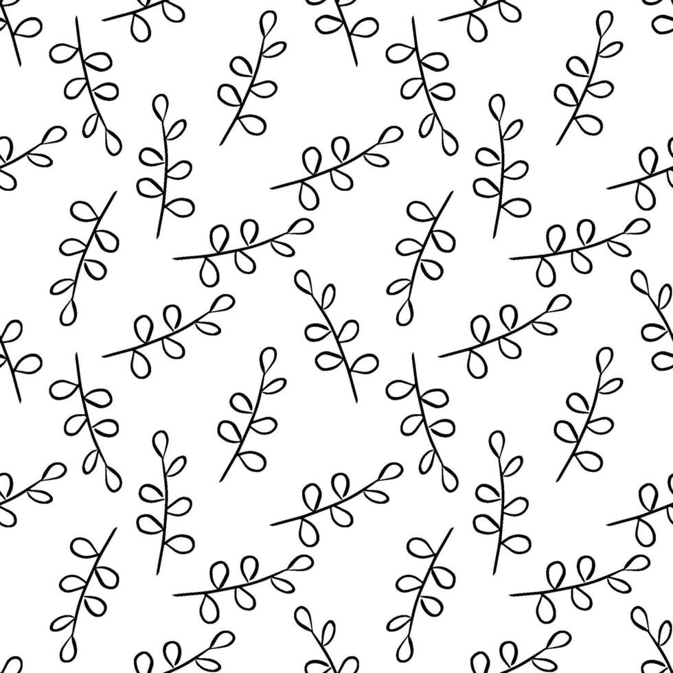 Seamless black and white hand-drawn leaf pattern featuring leaf shapes in a minimalist doodle style, perfect for coloring pages, fabric prints, eco designs, stationery, and backgrounds vector