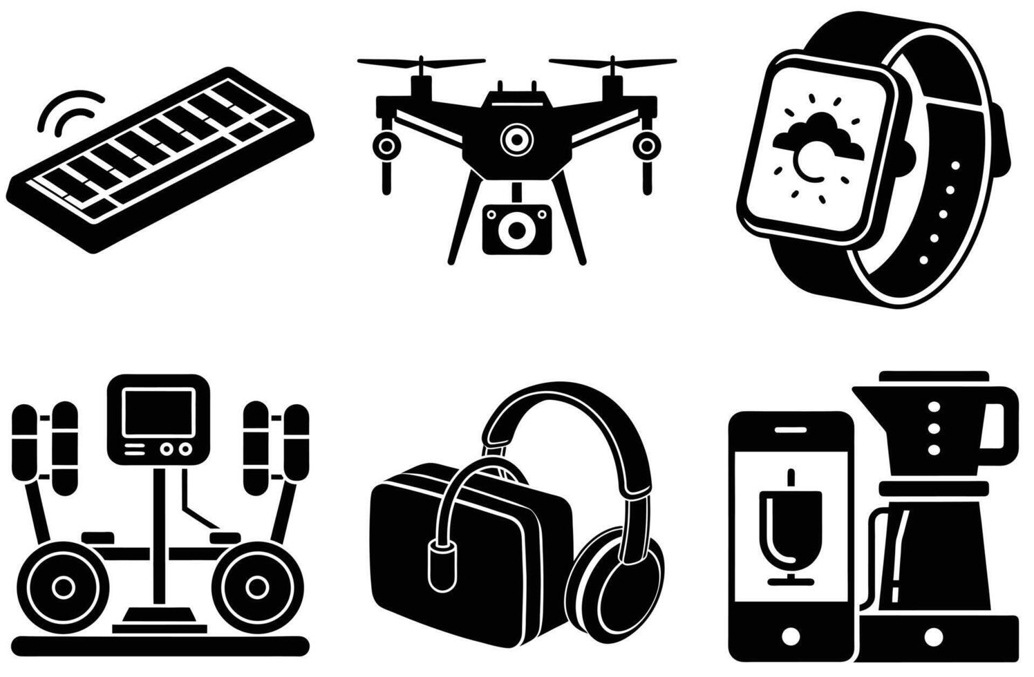 A set of black and white icons depicting various electronic devices vector
