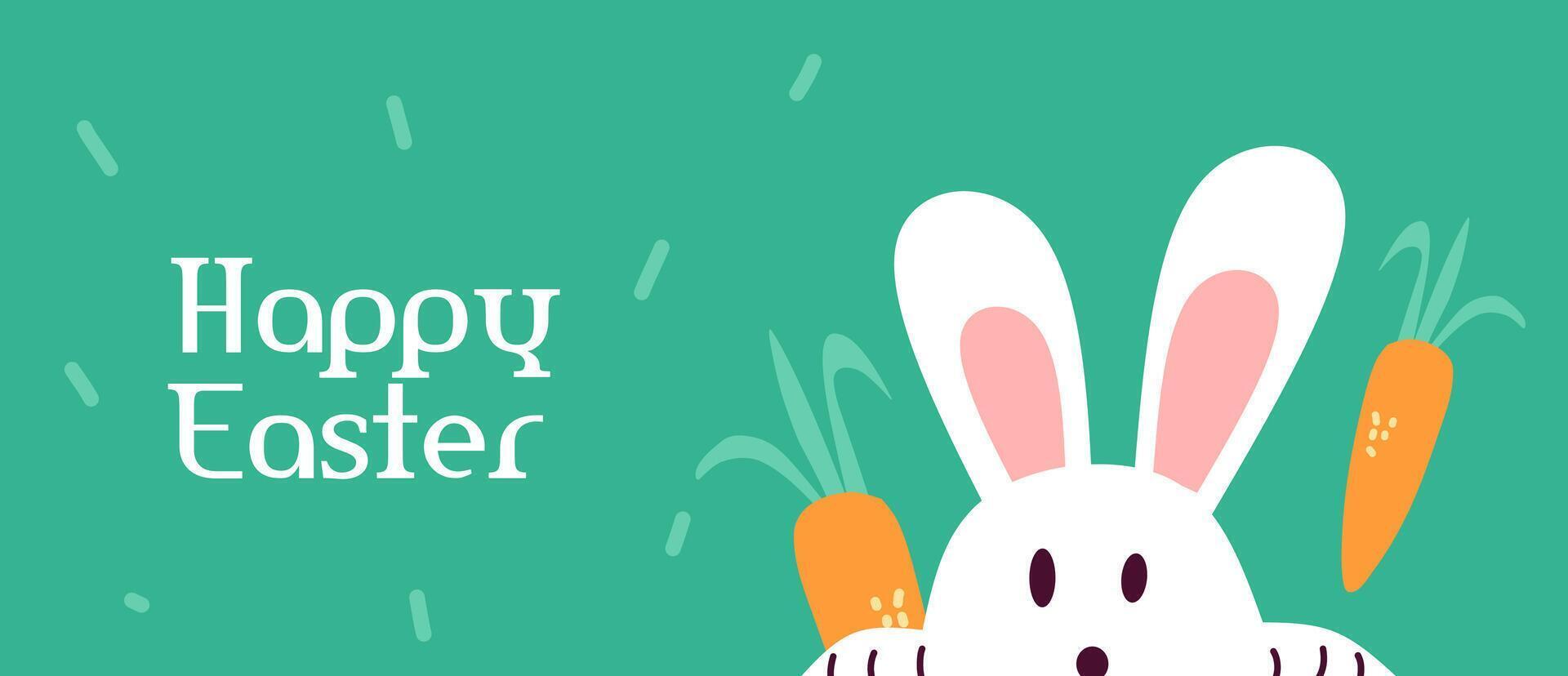 Happy Easter day banner. Trendy Easter eggs flat design with cute bunnies, typography in green background. Modern minimal style for horizontal poster, greeting card, social media, marketing, ad. vector