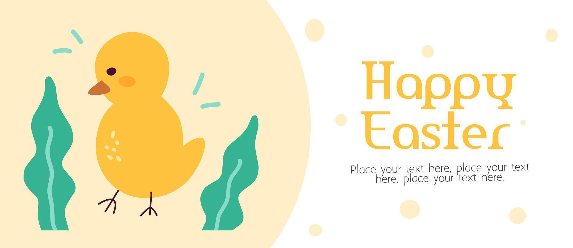 Happy Easter day banner. Trendy Easter eggs flat design with cute chick, typography in yellow background. Modern minimal style for horizontal poster, greeting card, social media, marketing, ad. vector