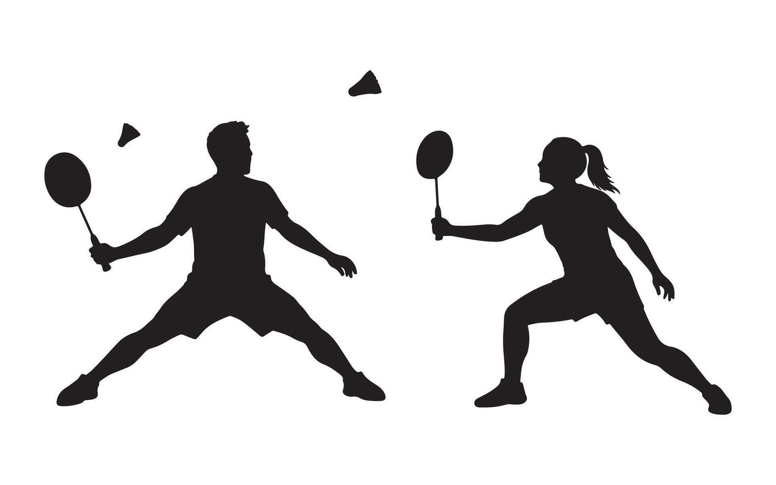 Silhouette of a male and female badminton player in action against a white backdrop. Illustration of badminton players. vector
