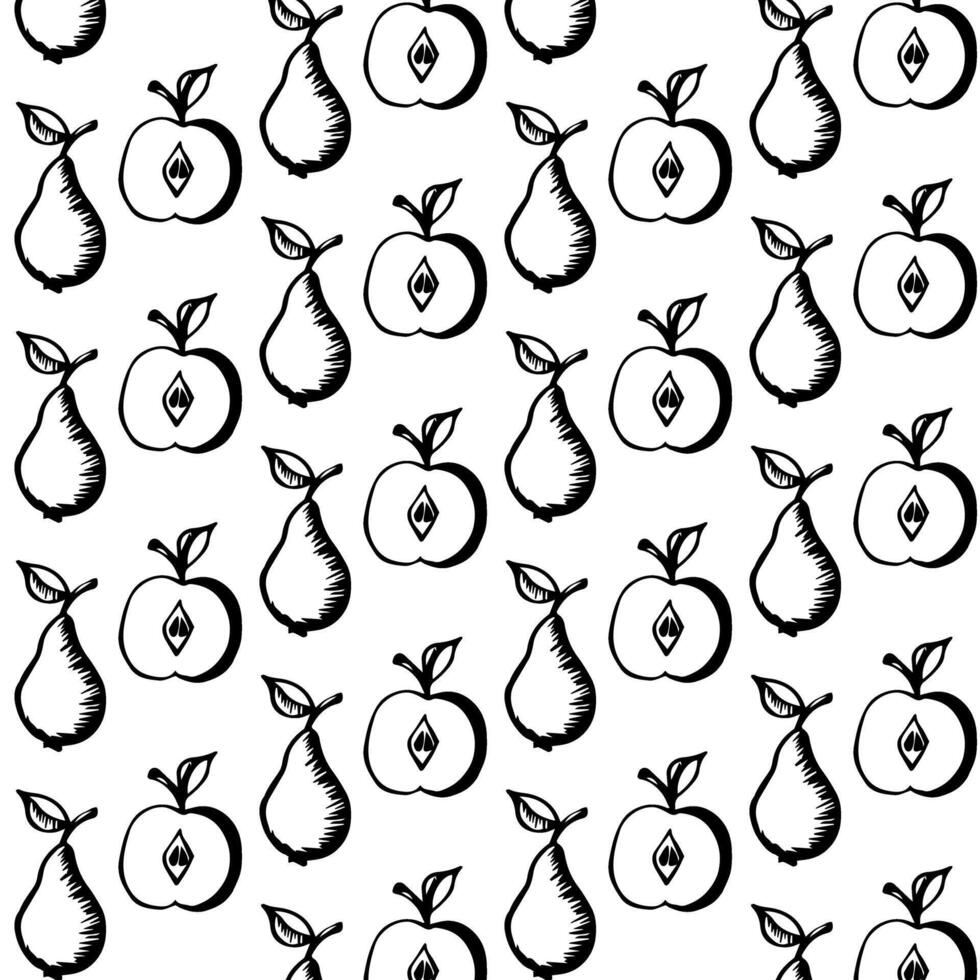 Apple and pear in doodle style. illustration. Seamless pattern. vector
