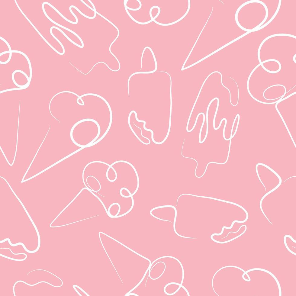 seamless pattern with a set of simple colored icons of various ice cream drawn with one contour in line art style on a pink background vector