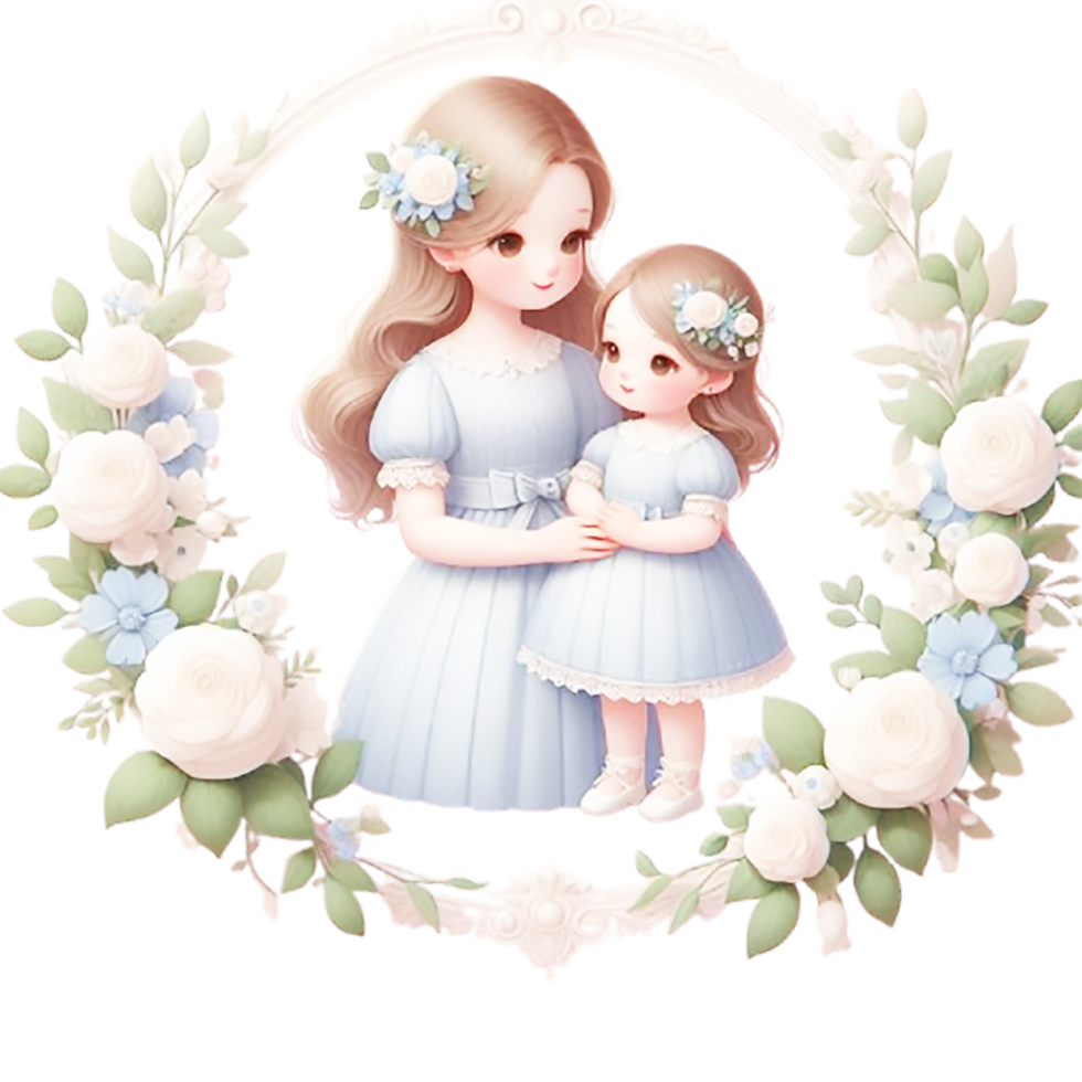 Soft pastel illustration tender mother and daughter portrait png