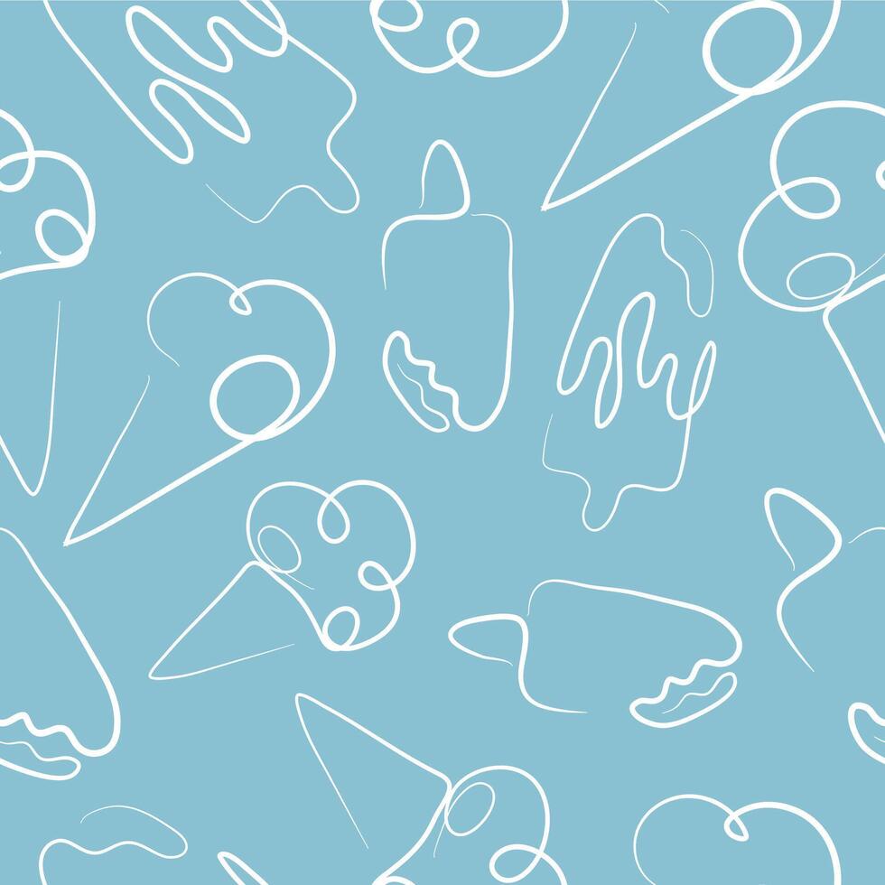 seamless pattern with a set of simple colored icons of various ice cream drawn with one contour in line art style on a blue background vector